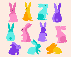 Colorful vector illustration of Easter bunnies in various poses, designed in a flat, minimalist style. Perfect for holiday decorations, greeting cards, textiles, and digital designs.