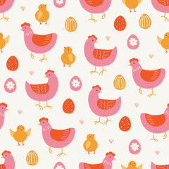 Easter seamless pattern with hens, eggs and chicken on white background. Perfect for wallpaper, gift paper, spring greeting cards. Vector hand drawn illustration
