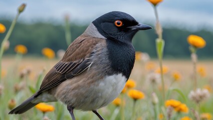 Common blackbird perched alertly in a meadow surrounded by vibrant flowers highlighting its striking orange eyes and detailed plumage.