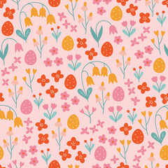 Easter seamless pattern with eggs, flowers and leaves on pink background. Perfect for wallpaper, gift paper, spring greeting cards. Vector hand drawn illustration