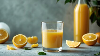 Refreshing Citrus Juice in a Glass with Lemon Halves and a Bottle on a Gray Background