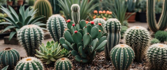 Obraz premium Vibrant collection of various cacti and succulent plants in a lush botanical garden showcasing diverse textures and colors.
