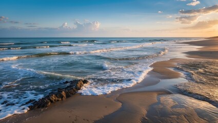 Tranquil beach panorama with gentle waves and golden sunset over serene sea shores creating a picturesque coastal scene.