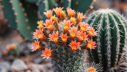 Fototapeta premium Vibrant Orange Flowers Blooming on Barrel Cactus Surrounded by Green Spines in Desert Landscape