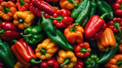 Colorful Assortment of Red Green and Orange Peppers with Empty Space for Text Ideal for Food Advertising or Culinary Promotions