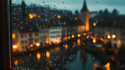 Rainy night, city view from window, lights reflecting on water, cozy atmosphere, perfect for travel blogs