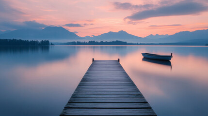 Fototapeta premium Boat is sitting on a dock in front of a lake