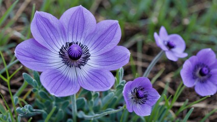 Obraz premium Vibrant Purple Anemone Flowers Blooming Amidst Lush Green Grass in a Natural Outdoor Setting. Captivating Floral Beauty of Spring.