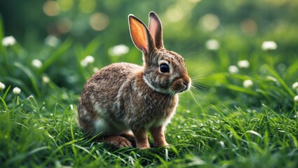 Fototapeta premium Cute rabbit sitting on lush green grass surrounded by wildflowers with soft natural lighting and empty space for text overlay.