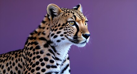 Obraz premium Cheetah on plain purple background side view portrait