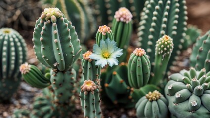 Flower Blooming Amidst Green Cacti in a Desert Landscape Showcasing Nature's Resilience and Beauty in a Unique Flora Composition