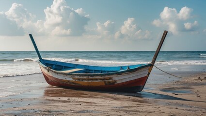 Fototapeta premium Colorful Fishing Boat on Sandy Beach Against Serene Ocean and Cloudy Sky