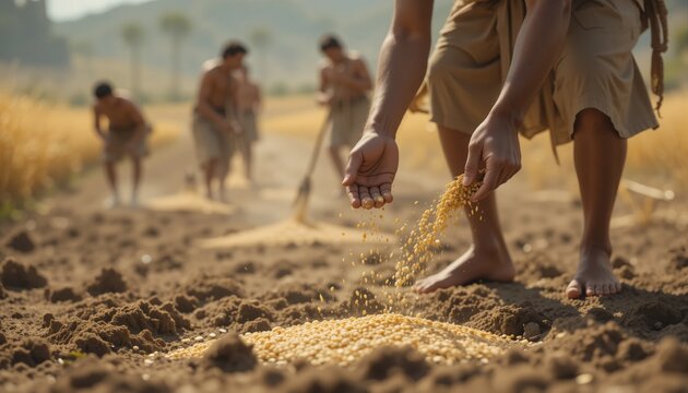 Farmers diligently scatter seeds across fertile soil during the golden hour, with a backdrop of waving grain and a serene landscape. The warmth of the sun enhances their hard work