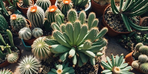 Obraz premium Vibrant Top View of Diverse Cactus Varieties in Pots with Bright Flowers and Open Space for Text on a Sunny Day