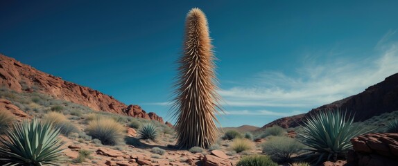 Majestic Yucca Plant Silhouetted Against a Clear Blue Sky in Rugged Desert Landscape Showcasing Spiky Leaves and Dried Fibers.