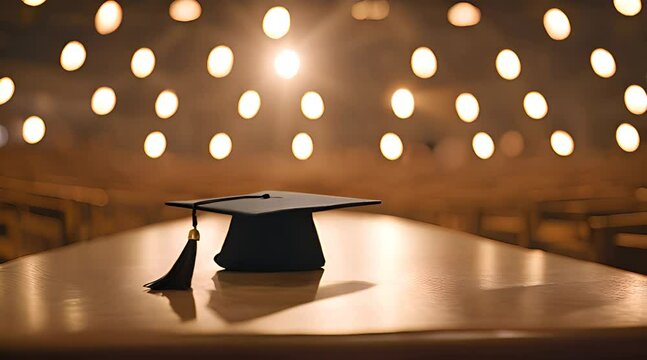 Ah siny graduation cap with a golden tassel sits proudly on a polished wooden stage, bathed in warm spotlight