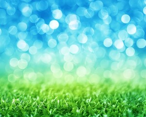 Obraz premium Dreamy Spring Meadow, Vibrant Green Grass, Blue Sky With Bokeh, Soft Focus, Natural Background