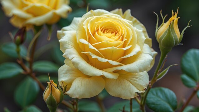 Yellow Lentin Rose Blooming Beautifully with Buds Against Green Foliage in Soft Natural Light