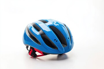 Fototapeta premium Bright blue kids helmet showcasing safety gear for young cyclists set against a clean white background