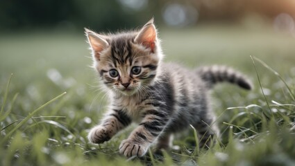 Fototapeta premium Playful Baby Tabby Kitten Running Through Lush Green Grass in Soft Natural Light