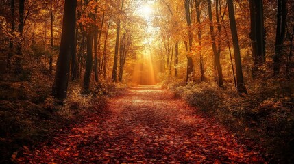 Obraz premium A forest pathway covered in golden and red leaves, surrounded by tall autumn trees with warm sunlight filtering through.