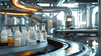 Fototapeta premium Milk factory interior, glass bottles on conveyor belt, cartoon vector illustration. Plant room with moving production line and glass packaging for dairy products on it, milk manufacture background