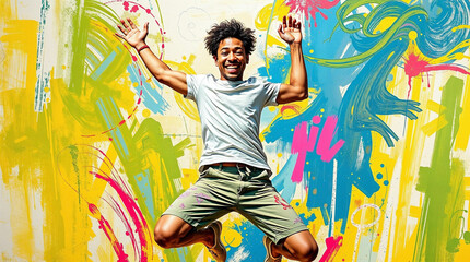 Fototapeta premium Young Energetic Man Jumping Against an Abstract Multicolored Background