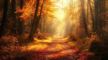A forest pathway covered in golden and red leaves, surrounded by tall autumn trees with warm sunlight filtering through.