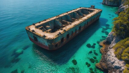 Obraz premium Aerial View of Submerged Shipwreck in Clear Shallow Waters with Lush Coastal Vegetation and Space for Text Overlay