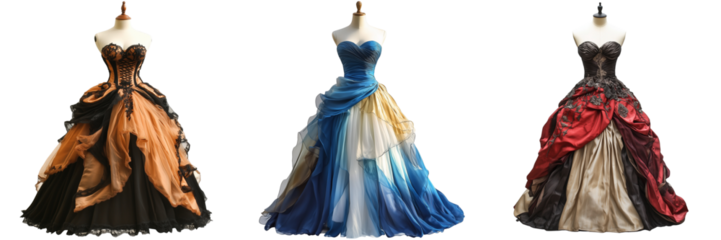 Set of A luxurious, full-length ball gown dress displayed on a mannequin against on transparent png background. Ai generated