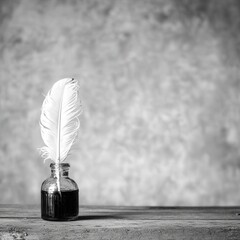 Quill in ink pot, on a wood table with grunge background. Possible use Writing