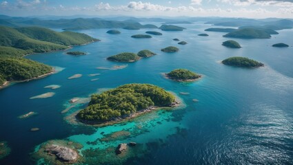 Aerial View of Lush Green Islands Surrounded by Turquoise Waters Under a Clear Blue Sky.