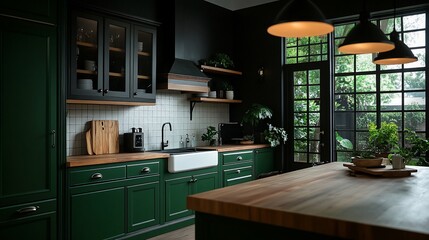 Elegant and modern kitchen design with dark green cabinets and wooden countertops