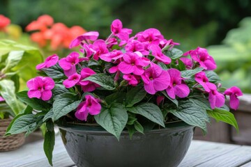 Bright and cheerful impatiens flowers enhance a lively porch during sunny days