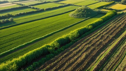 Aerial view of vibrant agricultural fields with lush greenery and diverse crop patterns showcasing rural landscapes and farming techniques.