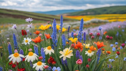 Obraz premium Colorful Wildflower Meadow in Scenic Countryside Under Cloudy Sky with Vibrant Blossoms and Rolling Green Hills in Background