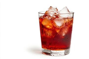 Refreshing ice water in a clear glass with ice cubes on a white background