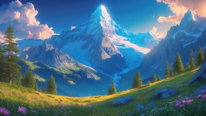 Majestic Snow-Capped Peaks Under Clear Blue Sky Surrounded by Lush Greenery and Vibrant Wildflowers in a Summer Mountain Landscape