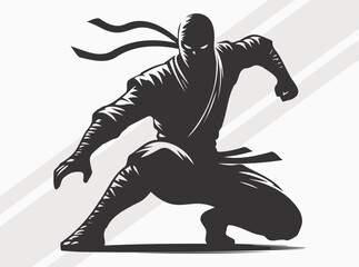 Ninja Silhouette Black Color. Stealthy Japanese Warrior Clipart and Vector Art