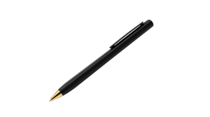 Elegant black ballpoint pen with gold tip on white backdrop, office stationery 