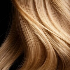 Fototapeta premium Close-up of luxurious blonde hair with soft waves and shine, showcasing texture and movement against a black background.