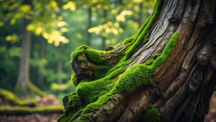 Moss Covered Tree Trunk in Lush Forest Setting Evoking Serenity and Nature's Beauty Perfect for Backgrounds and Environmental Themes