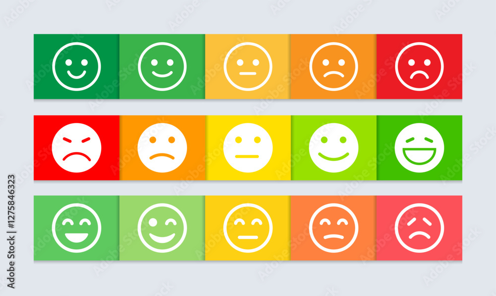 Poster feedback emoji icons pack in different styles, set of customer satisfaction rating signs, sad happy 