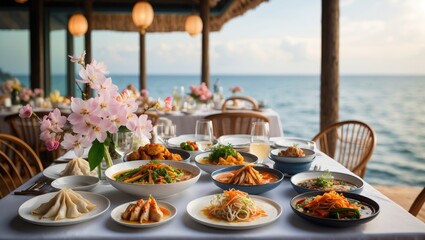 Asian Cuisine Displayed on a Restaurant Table with Floral Centerpiece Overlooking the Sea Beautiful Seascape and Tranquil Atmosphere