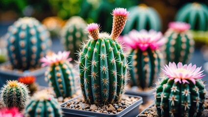 Colorful Astrophytum Asterias Super Kabuto Cactus Arrangement with Vibrant Flowers and Copy Space for Text Overlay in Natural Setting
