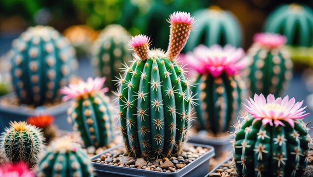 Colorful Astrophytum Asterias Super Kabuto Cactus Arrangement with Vibrant Flowers and Copy Space for Text Overlay in Natural Setting