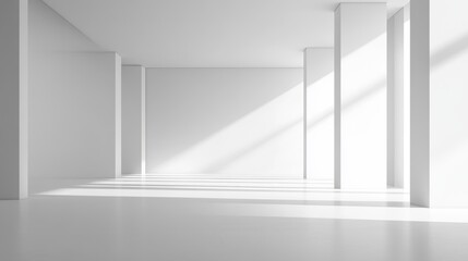 Obraz premium A minimalistic bright white interior space featuring tall columns and long shadows, creating a serene and airy atmosphere.