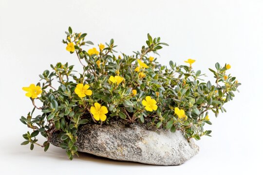 Vibrant hibbertia flowers showcasing delicate yellow petals arranged on a natural stone base