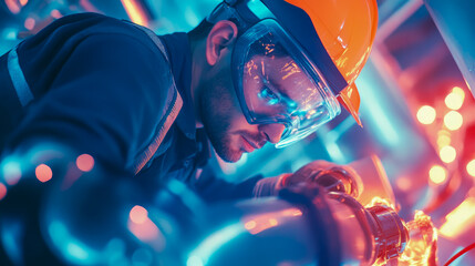 Craftsmanship: Industrial worker in protective gear focusing on precise mechanical work under neon illumination for industrial safety promotion