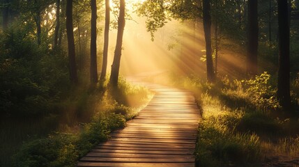 Obraz premium A wooden pathway leading through a forest, with golden morning sunlight filtering through the trees, creating a dreamy atmosphere.